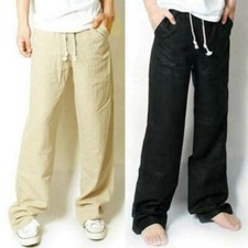 Men Breathable Pants Casual Linen Cotton Loose Trousers Harem Ethnic Drawstring
