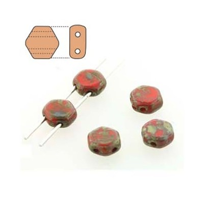 Honeycomb Czech Beads 2 Hole Hexagon 18226 Green Red Travertine 2str 60bd Flat