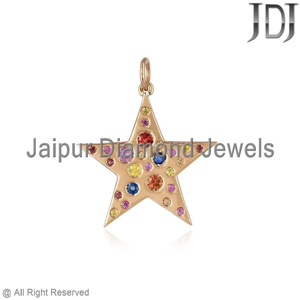 Natürlich Multi Saphir Edelstein Massiv 14k Rose Gold Star Charm Unisex Anhänger - Bild 3 von 4