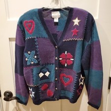 VINTAGE Womens Large Hand Embroidered Cardigan Sweater Hearts Patchwork Granny