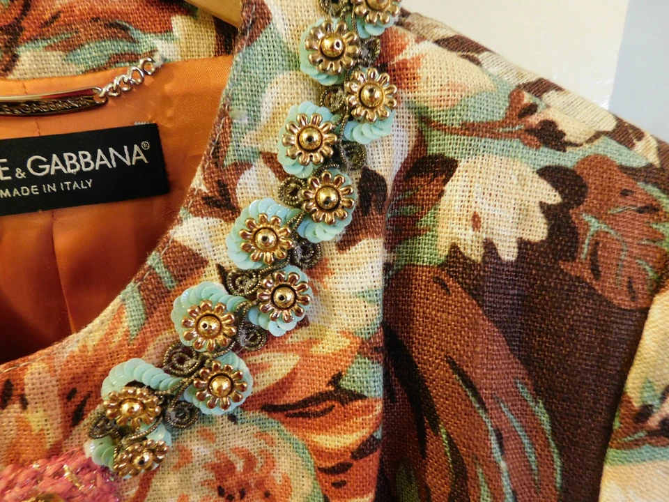 Dolce & Gabbana Floral Print Embellished Beads Sequin Linen Jacket Brown Teal 10 - Image 4 of 4