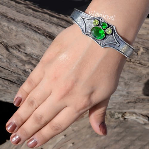 Oval Cut Diopside & Peridot Cut Gemstone 925 Sterling Silver Big Bangle Cuff - Picture 4 of 5