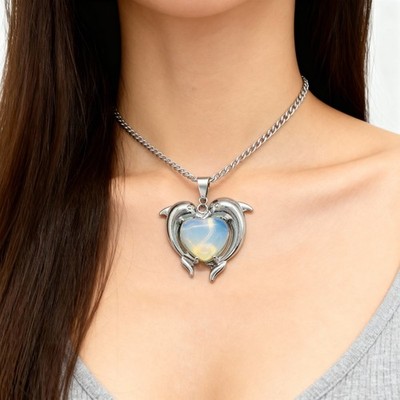 Opalite Moon Glow Heart Dolphin Pendant Certified, Silver Tone Coastal Jewellery