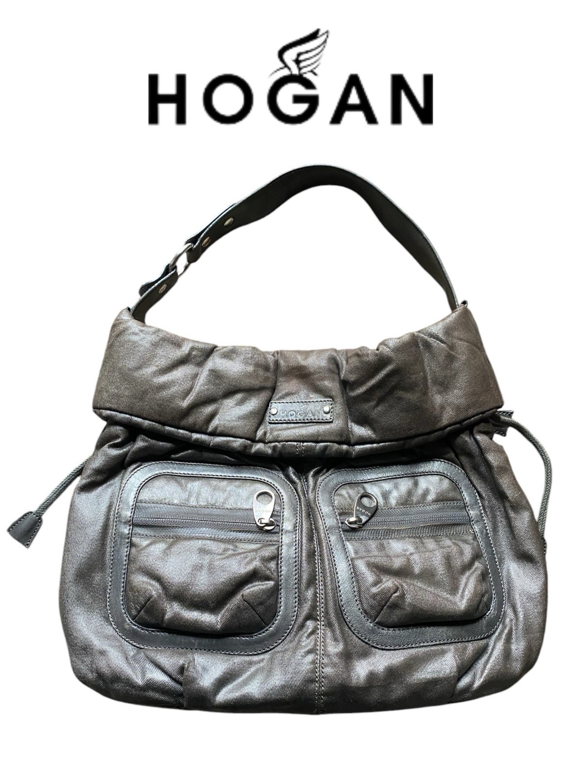 Hogan Womens Borsa Leather textured Lined Zip Top Handle Slouch Tote Bag