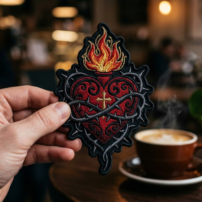 Sacred Heart Patch Embroidered Gothic Religious Tattoo Iron On Badge