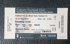 Ticket Stub Fulham  v West Ham United 2009 / 2010 Premier League 