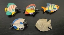 Set of 5 Vintage Button Covers Tropical Fish Handpainted Handmade Adorable Metal