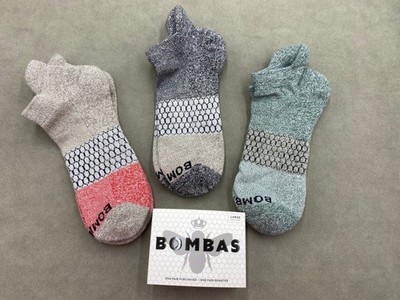 3 Pairs Bombas Honeycomb Men Tri-Block Marl Ankle Socks Size L