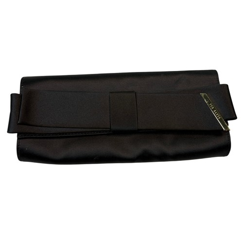 Ted Baker Black Satin Bow Clutch Bag Gold Logo Evening Formal Handbag