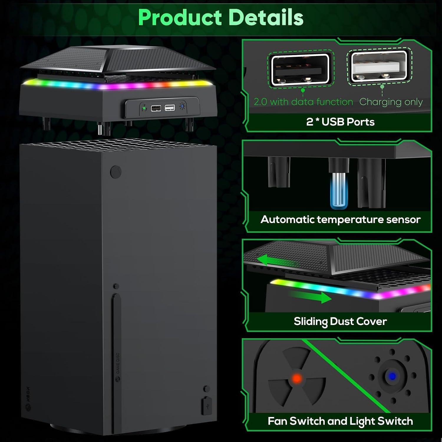 Ventola di Raffreddamento per Xbox Series X, Velocità Manuale Auto con Filtro Antipolvere e 7 Luci RGB foto 5