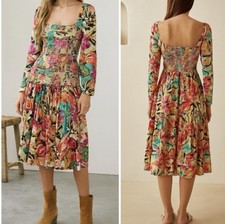 Hemant & Nandita Aroha Pink Red Floral Puff Sleeve Smocked Boho Midi Dress S