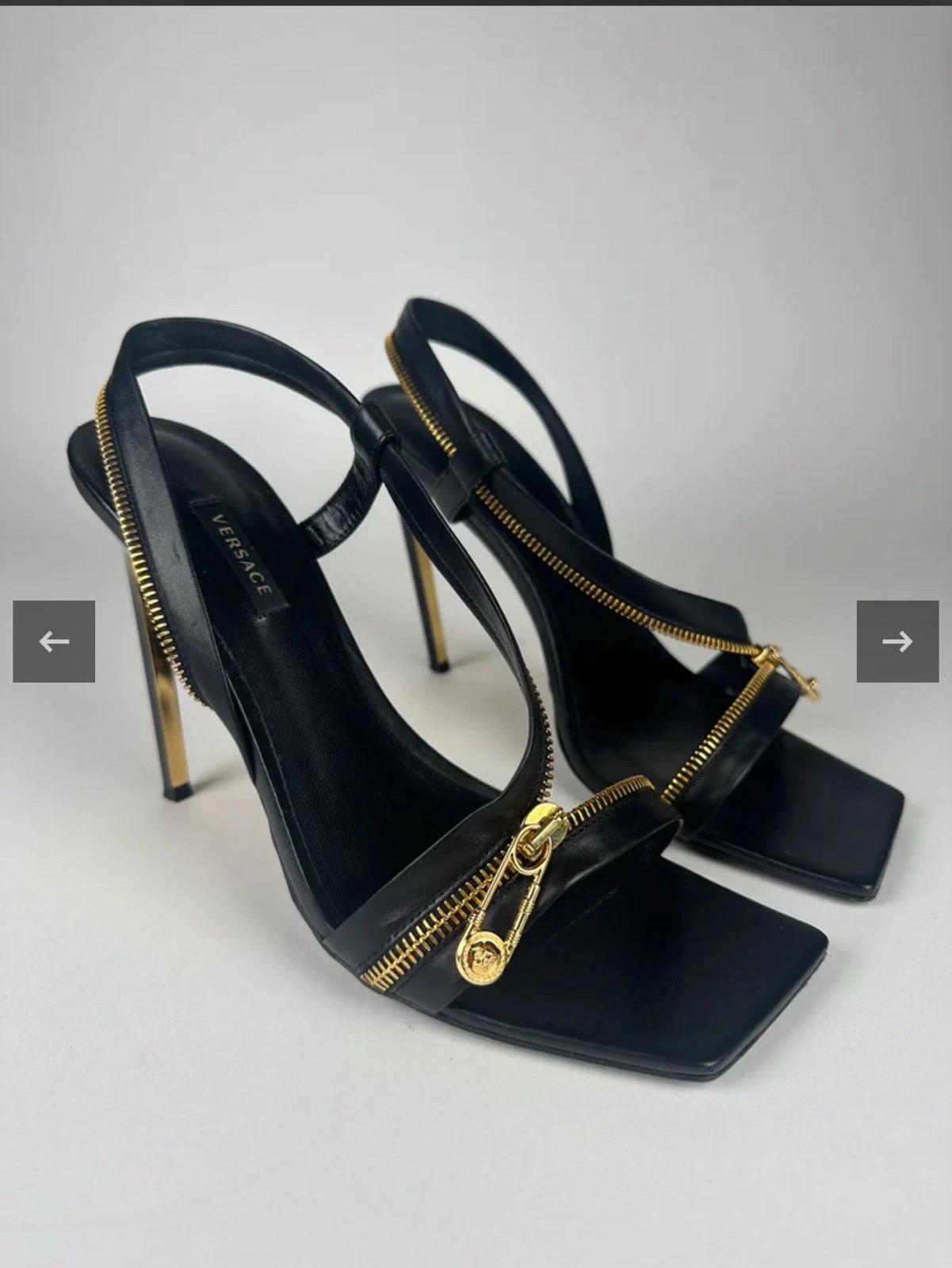 Versace — NIB Versace Medusa 95mm Safety Pin Zipper Stiletto Sandals Black Gold Sz 39.5
