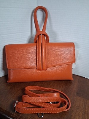 Borse In Pelle Italian Genuine Pebble Leather Crossbody Handbag  Orange