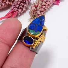 Copper Azurite Chrysocolla, Blue Sapphire 925 Sterling Silver Ring s.8 Sku5
