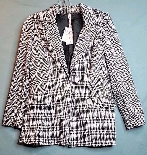 NY Collection Women's Black Checked Blazer Jacket Petite Size PM
