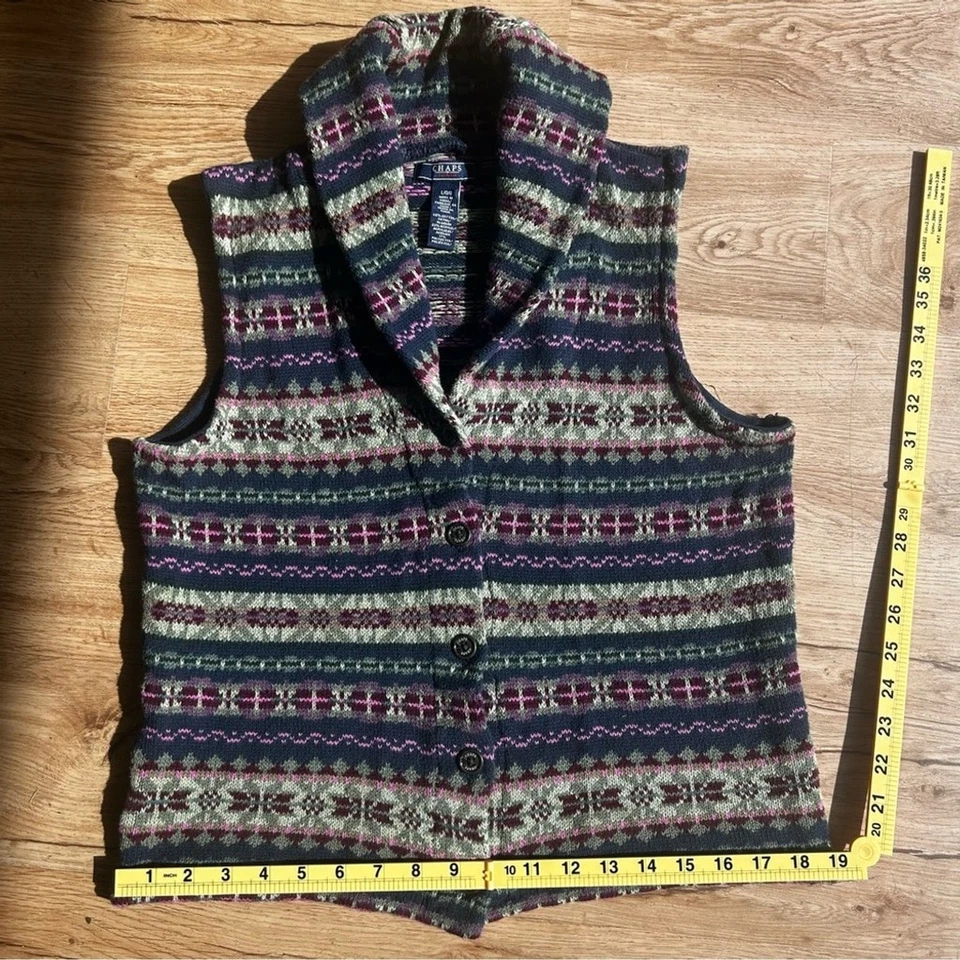 Chaps Denim Fair Isle Suéter Chaleco Mujer L Chal Cuello Abotonado Invierno Tejido Foto 4 de 4