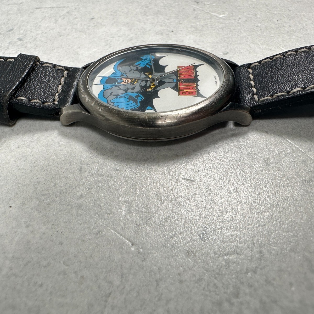 VTG Fossil Batman Watch 32mm Round Silver Tone Black Band BA-6307
