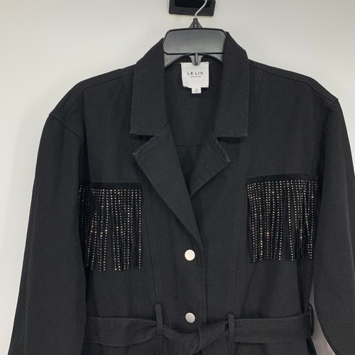 LE LIS Dress Size Small Denim Black Button Belt Fringe Rhinestone Cowboy Carter - Picture 5 of 12