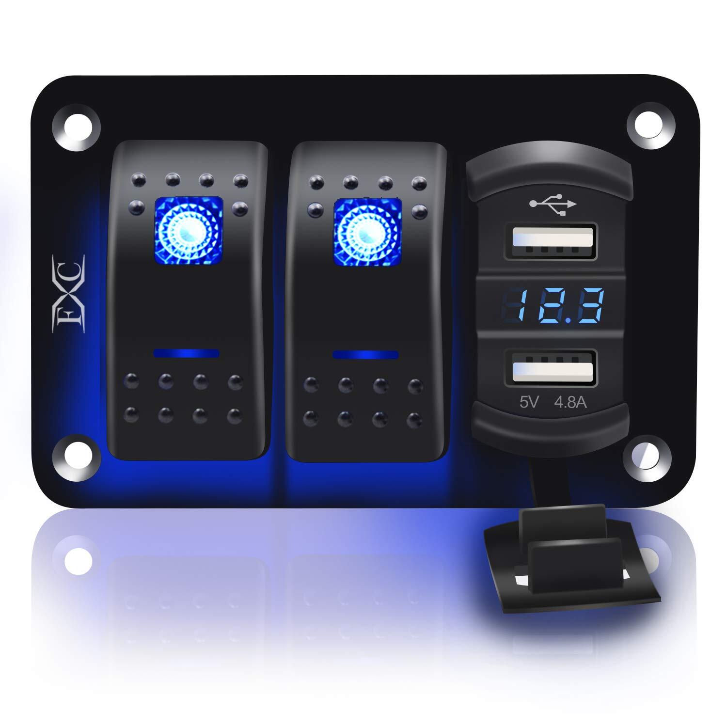 FXC 2 Gang Rocker Switch Aluminum Panel with Voltmeter & Dual USB(4.8 Amps) F...