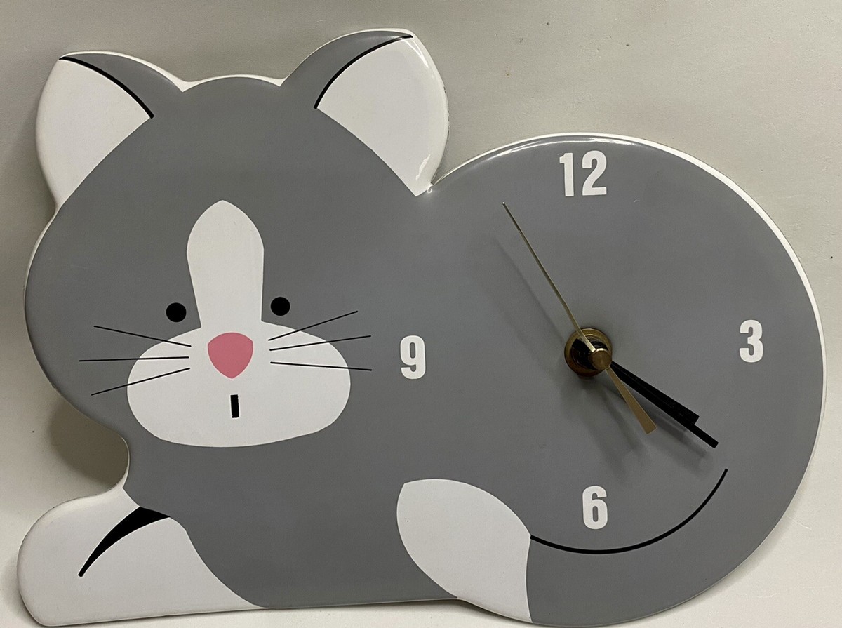 Vintage Small World Greetings Time Clock Gray Kitty Cat Retro 10