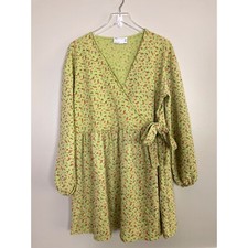 ASOS Green Micro Floral Print Mini Faux Wrap Dress Smocked Cottage core Size 12