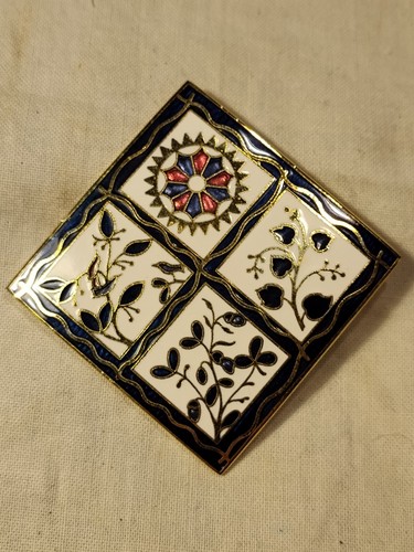 Cloisonne Enamel Floral Square Pin Brooch