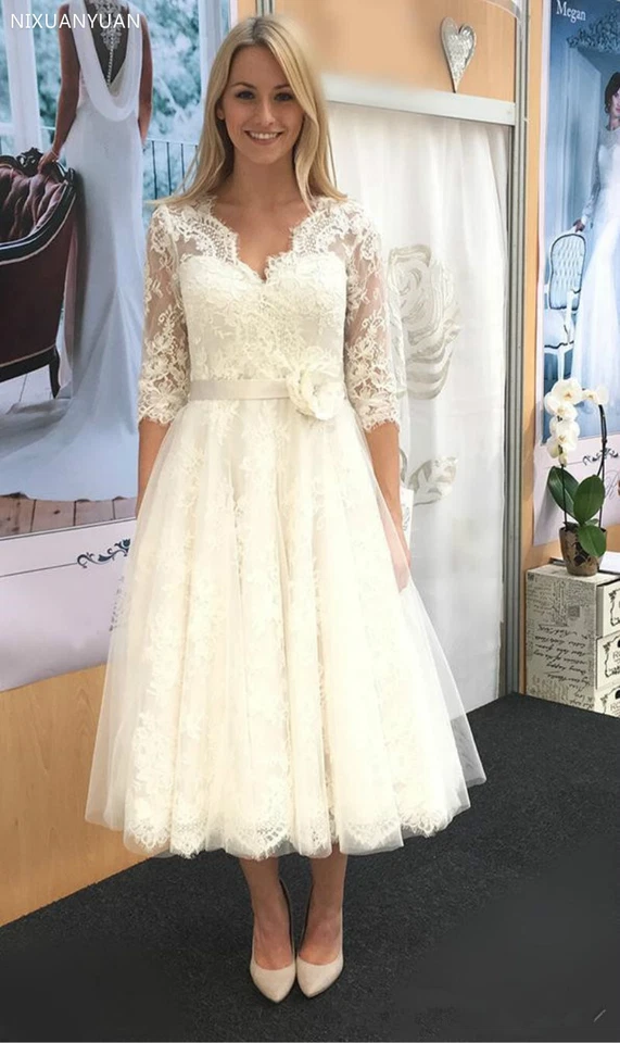 Short Lace Wedding Dresses 3/4 Sleeves Lace Appliques Tea Length Bridal Gowns - Image 2 of 4