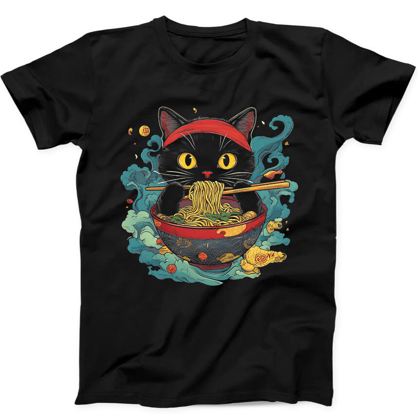 Black Cat Eating Ramen Noodle Best Seller Funny Gift Black Tee T Shirt 323