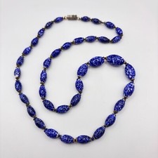 Vintage Murano Glass Beaded Necklace Cobalt Blue White Graduated Oblong Beads
