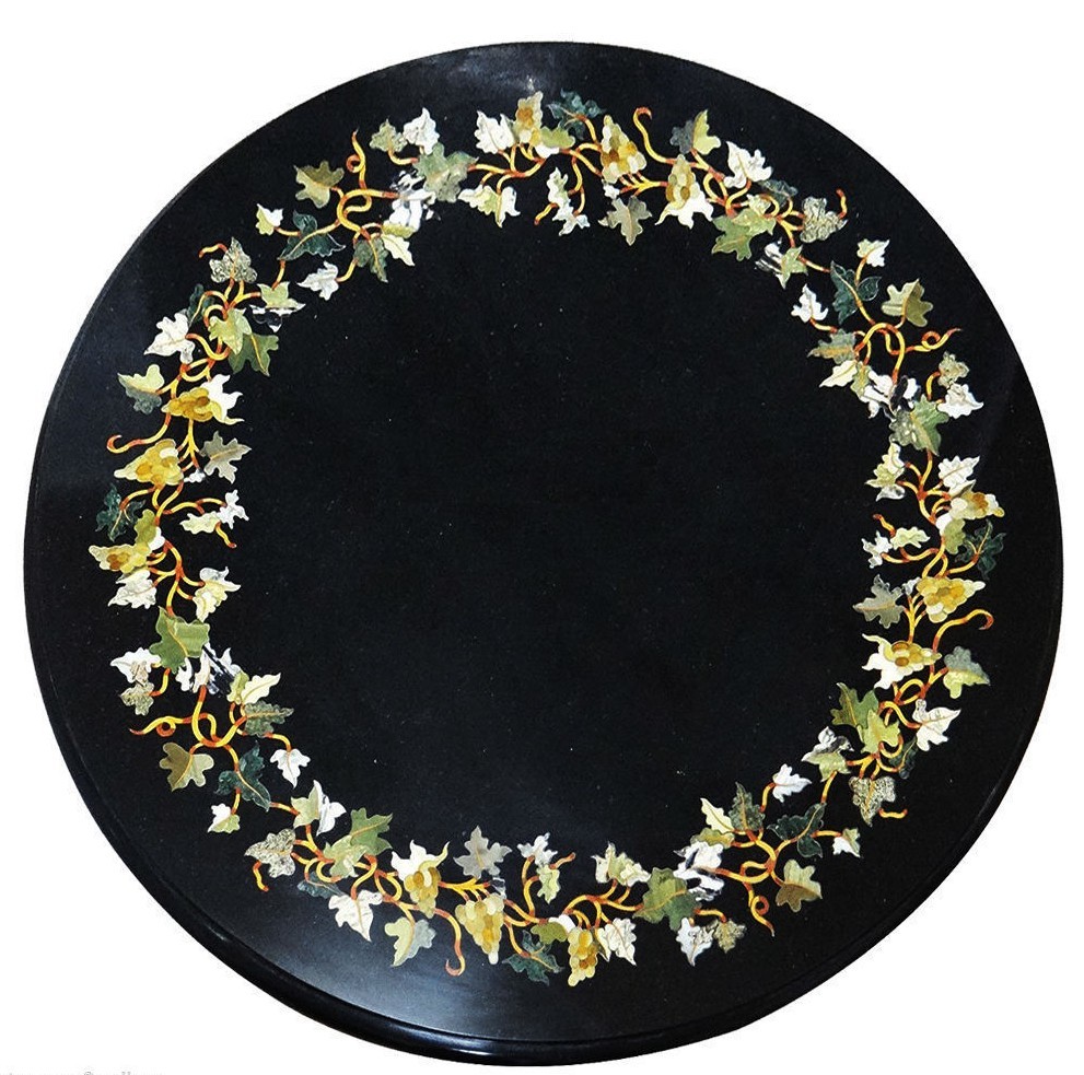 24-Inch Marble Coffee Table with Semi-Precious Stone Inlay for Home & Garden Decor