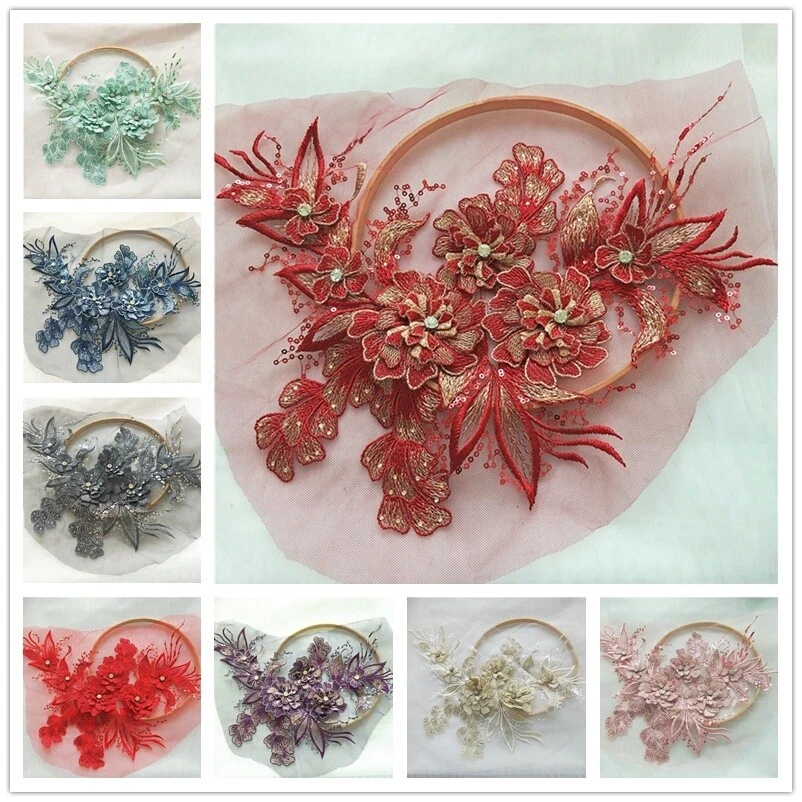 Embroidery Lace Applique 3D Sequin Patch DIY Wedding Dress Sewing Trimming Craft - Image 2 of 4