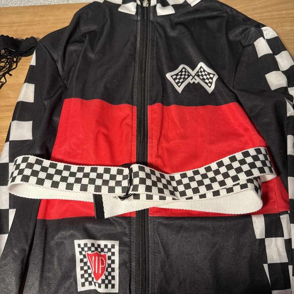 Women`s XS Sexy Race Car Driver Costume Racer Racing Jumpsuit Flag Fishnet Belt - Image 3 of 4