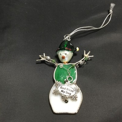 God Bless My Dog Snowman Ornament 3  Stained Glass With Charm Christmas