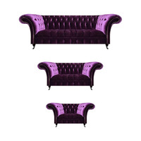 Designer Lila Chesterfield Garnitur Wohnzimmer Couchen Edle Sofas 3Tlg