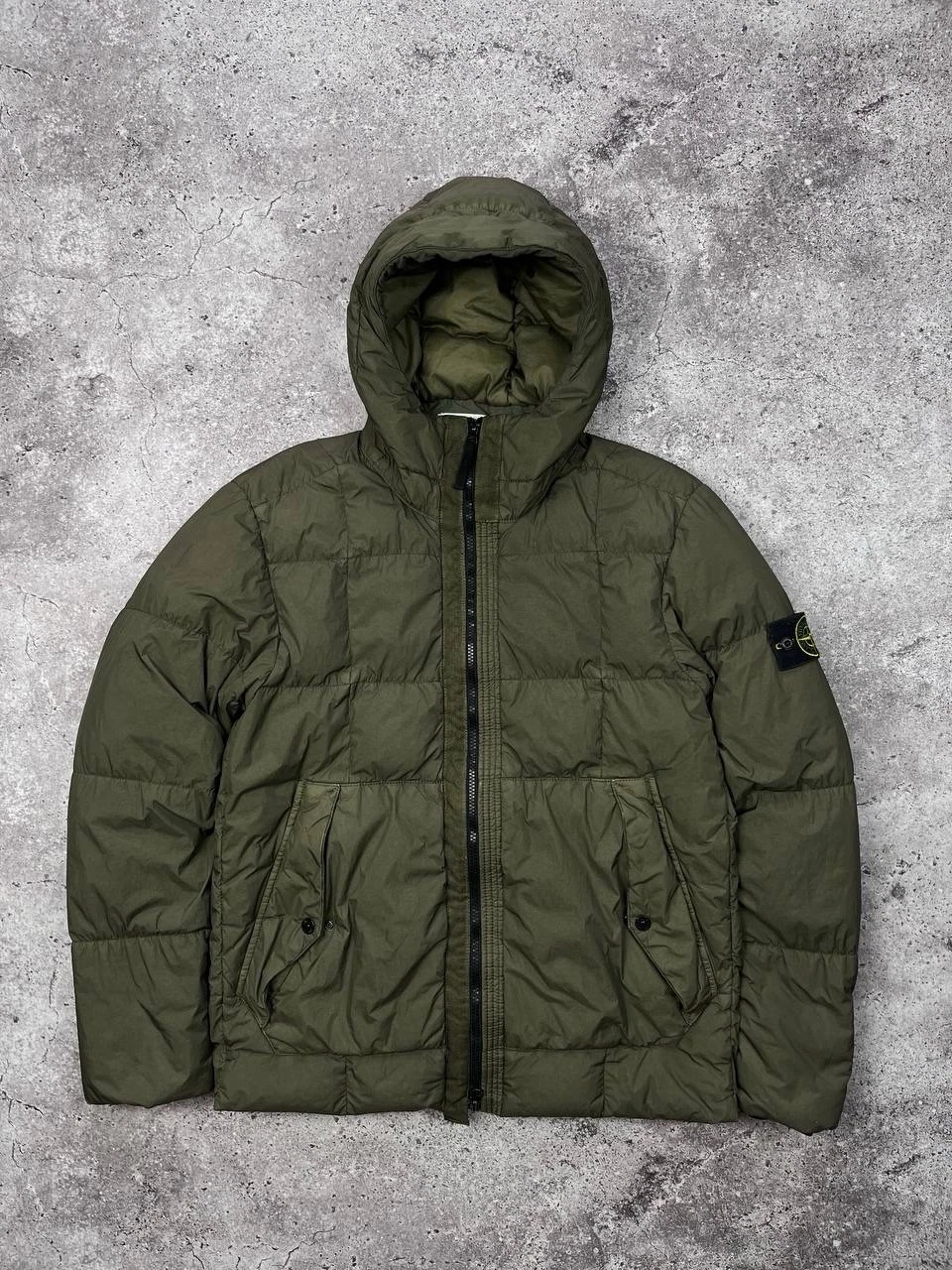 Piumino uomo Stone Island verde tinto in capo Crinkle Reps Ny taglia L
