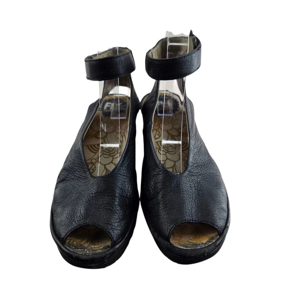 Fly London Yala Sandals Womens 6.5 7 37 Black Leather Wedge Heel Open Toe - Image 4 of 4