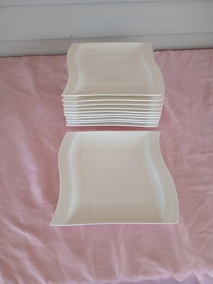 MALACASA, Series Flora, 10.25'' Dinner Plates Wave Shaped Ivory White Porcelain