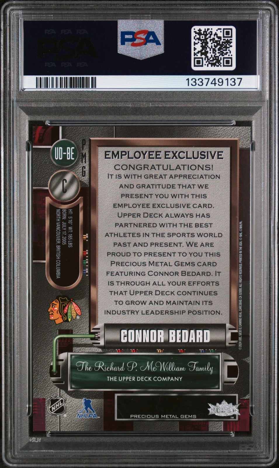 2025 Upper Deck Employee Exclusive Connor Bedard Precious Metal Gems #UDBE PSA 8 view 2