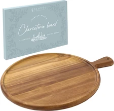 Charcuterie Board - round Acacia Wood Cutting Board for Kitchen with Handle, Che
