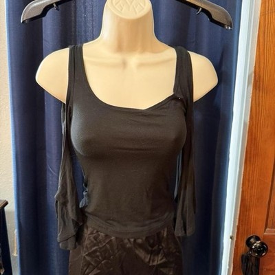 5-7-9 Y2K Black Cold Shoulder Stretch Jersey crop Top Scoop Neck Size XS