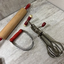 VTG. Red Handled Three Piece, Kitchen Set, Rolling Pin, Beater, Pastry Blender