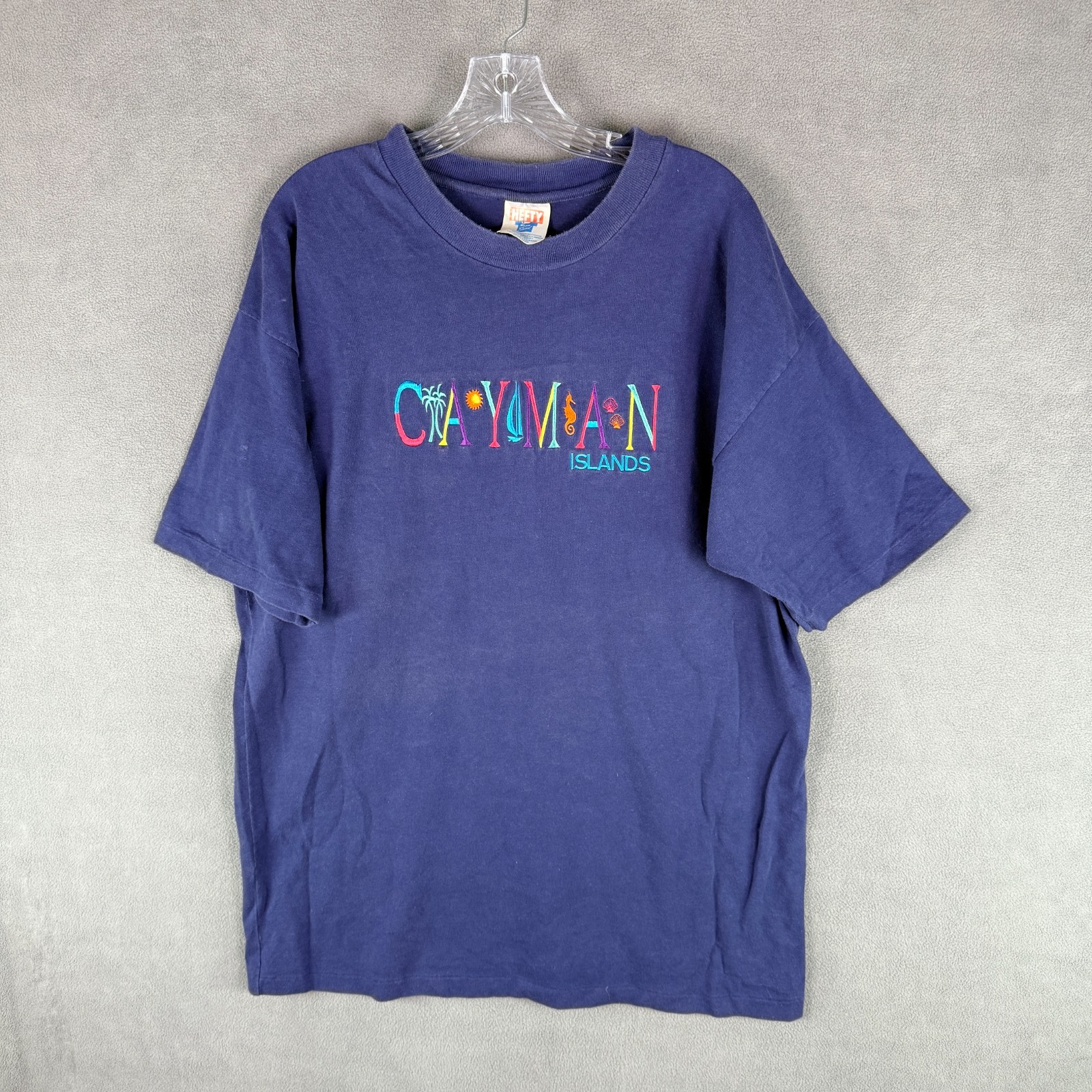 Vintage Embroidered Mens Shirt Cayman Islands Hefty Navy Blue Single Stitch 2XL
