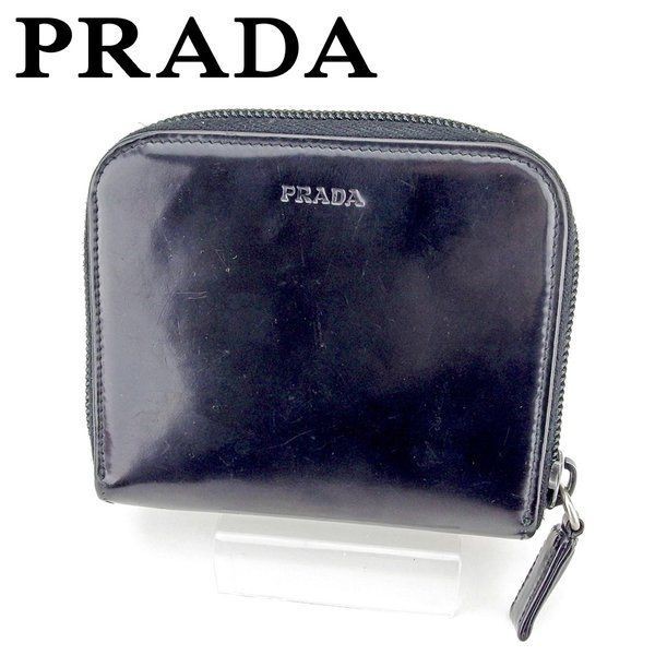 Prada Black Silver Patent Leather Bifold Wallet with Round Zipper Logo