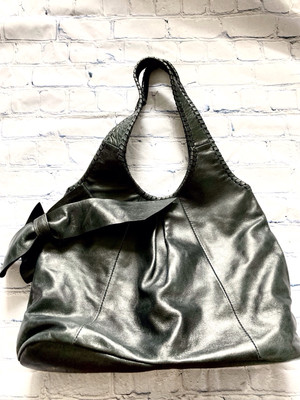 Talbots Leather Hobo Bag Black Braided Shoulder Straps Bow 15x21.5  Purse SEE