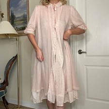 Vtg 1950s MacLean Pink Sheer Floral Nightgown Peignoir - Lace Collar Bows - M