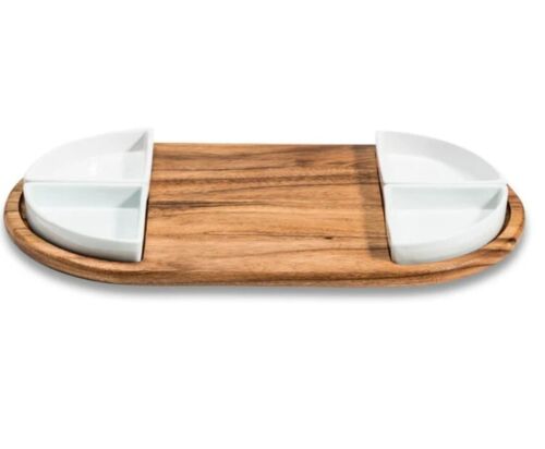 Natural Acacia Wood, 20" Charcuterie/ Serving Tray w/ 4 White Ceramic Dishes - Picture 2 of 3
