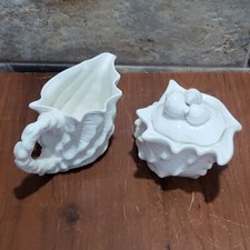 Vintage White Glazed Ceramic Seashell Creamer and Sugar Set