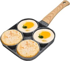4 Hole Cup Egg Hamburger Pancake Maker Non-Stick Frying Pan with Wooden Handle