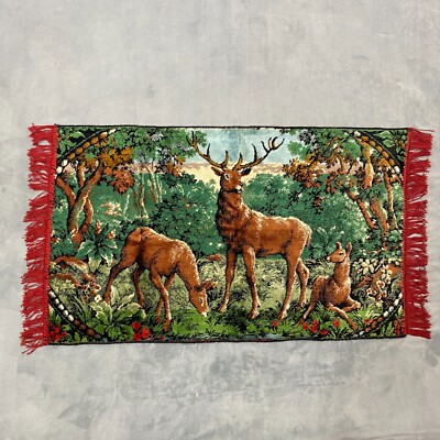 Vintage French STAG & FAWNS Velvet 41''x21 1/2'' Wall Tapestry Fringe Canvas Back