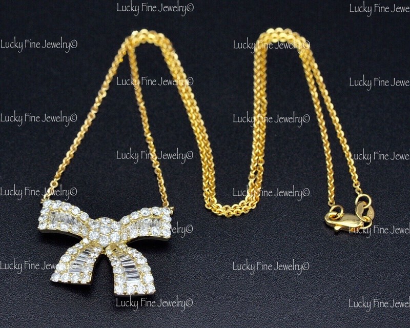 2.55 ct 18k Solid Yellow Gold Diamond Necklace Bowtie Ribbon Necklace Baguette